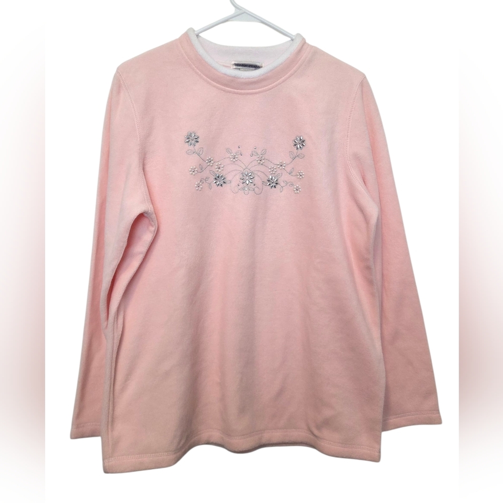Women’s Bonnie Evans Pink Pull Over Embroidered Fleece Sweatshirt Top Sz Medium